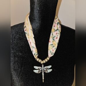 Floral Yellow Scarf Necklace with Dragonfly Pendant